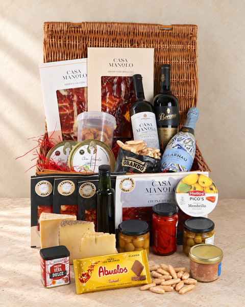 Casa Manolo Large Gourmet Hamper with wicker basket, Spanish meats, cheeses, tapas, chocolate turrón and three wines