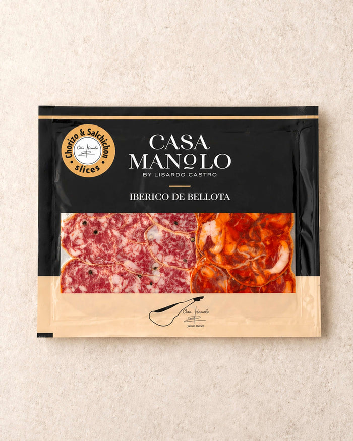 Iberico Bellota Chorizo & Salchichon Slices 100g from Casa Manolo, Spanish charcuterie ready for tapas boards and sharing