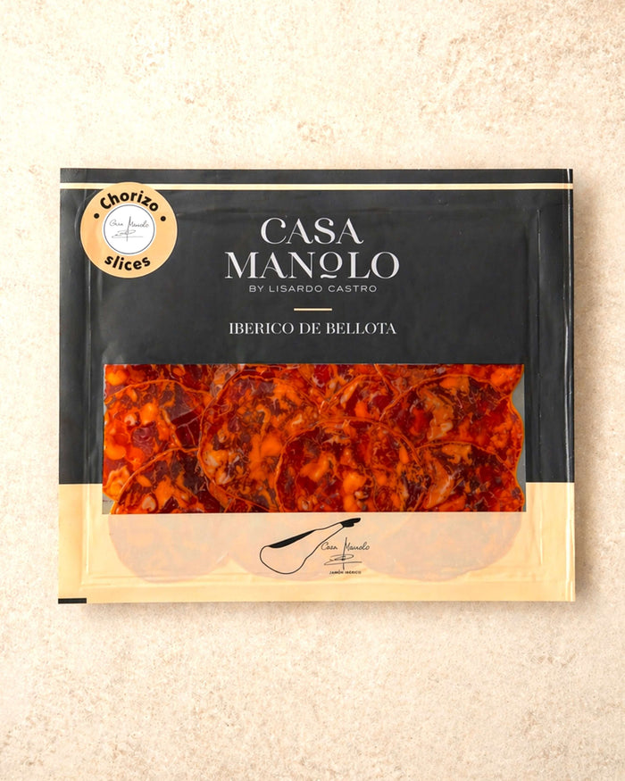 Iberico Bellota Chorizo Slices 100g from Casa Manolo, Spanish charcuterie ready for tapas boards and sharing