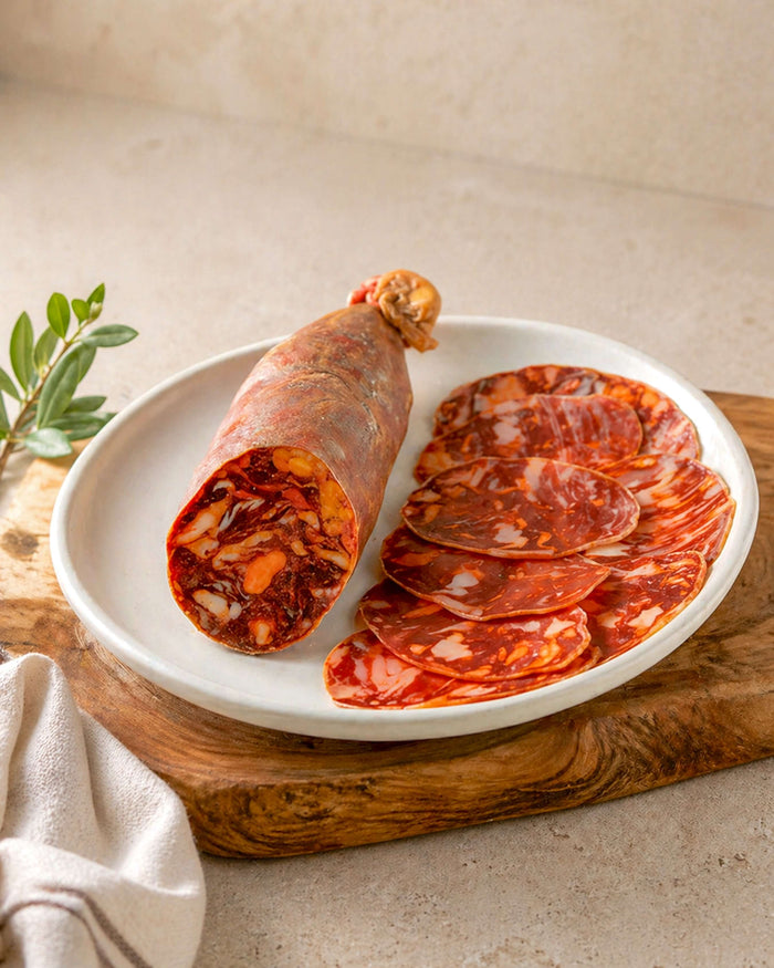 Iberico Bellota Chorizo Whole 325g from Casa Manolo, Spanish charcuterie ready for tapas boards and sharing