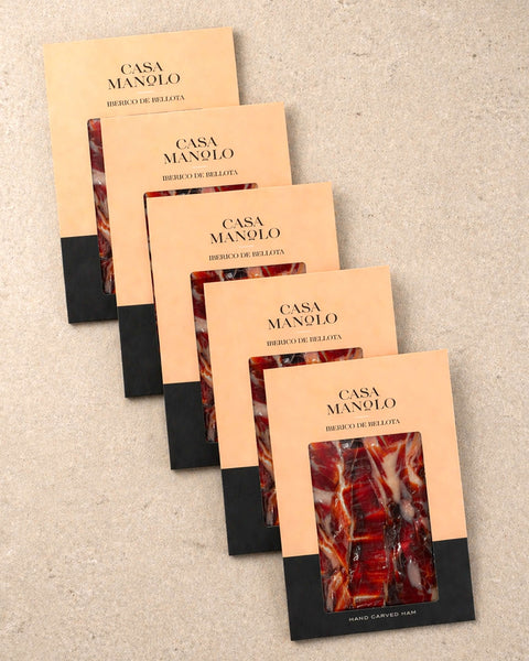 Iberico Bellota Ham - Hand Carved - 5 Pack from Casa Manolo, premium Spanish food gift set for hosting or gifting