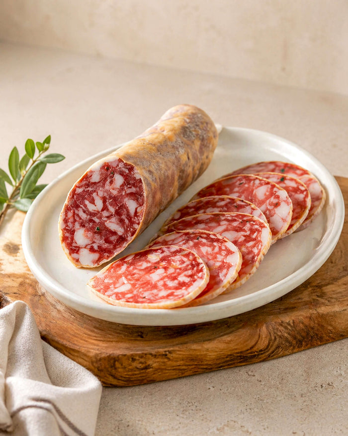 Iberico Bellota Salchichon Whole 325g from Casa Manolo, Spanish charcuterie ready for tapas boards and sharing