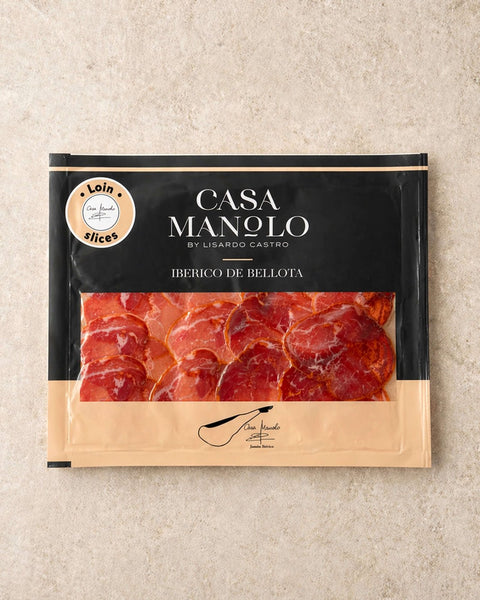 Casa Manolo Bellota pork loin slices in branded packaging