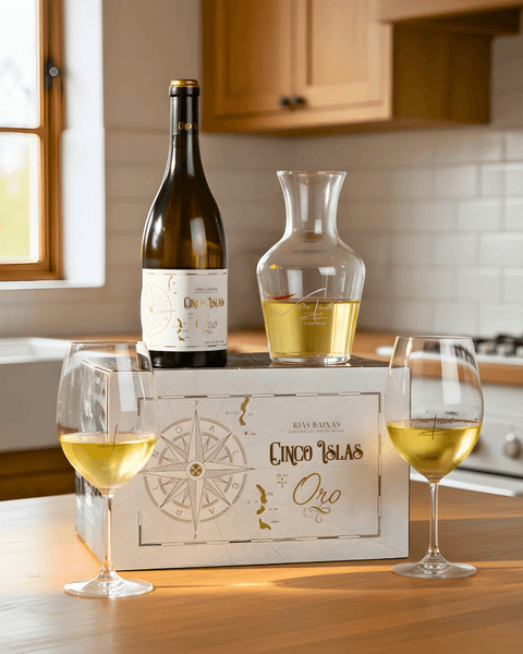 Cinco Islas Wine Box with decanter and glasses showcasing delightful Albariño wines on a wooden table.