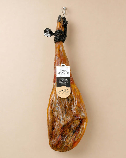 100% Pata Negra Ham from Casa Manolo, premium Spanish cured ham prepared for easy serving