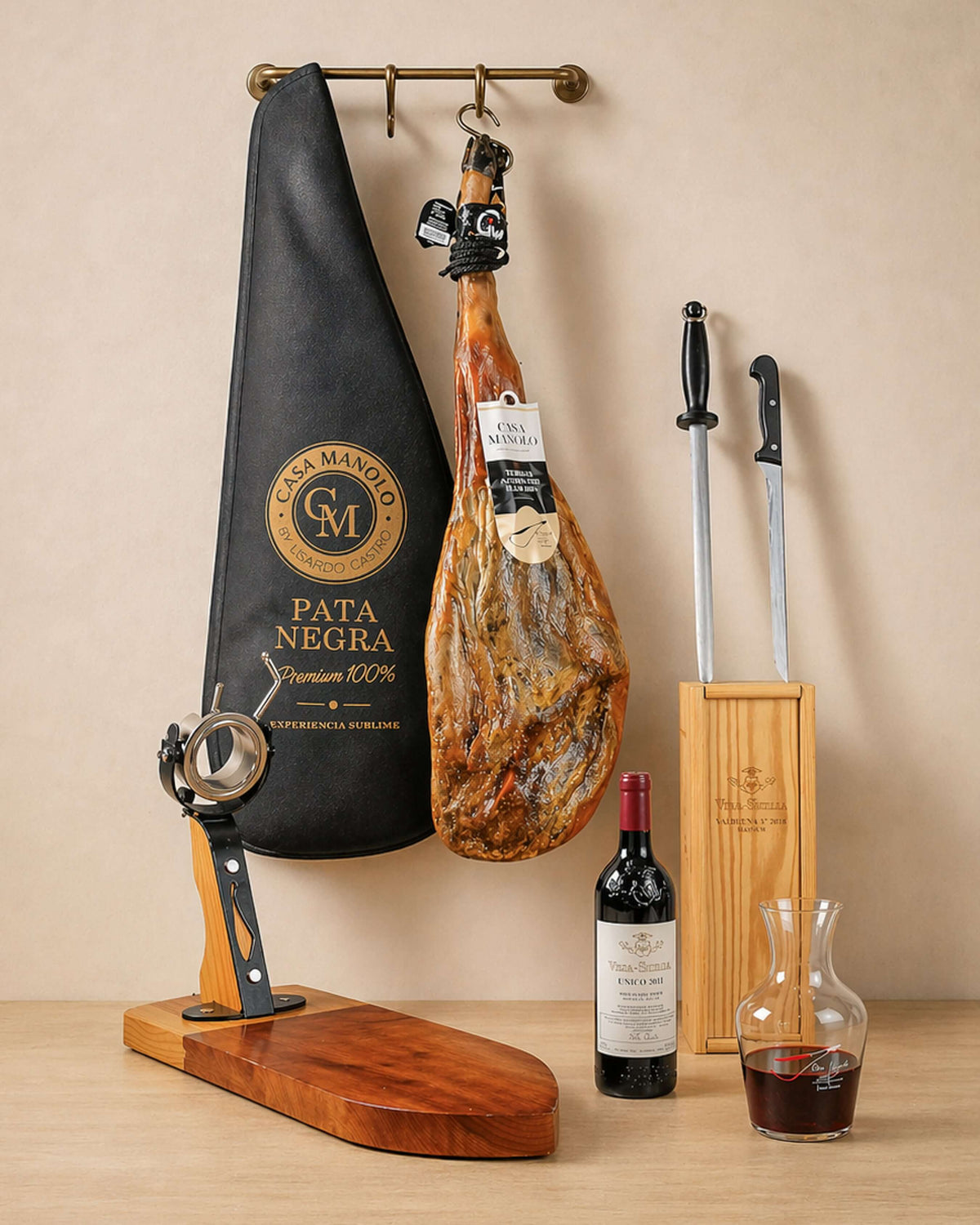 Casa Manolo Pata Negra ham and Vega Sicilia wine set with wooden ham stand and carving tools