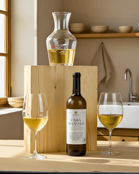 Casa Manolo Wine Box with decanter and glasses showcasing Spanish wine craftsmanship.