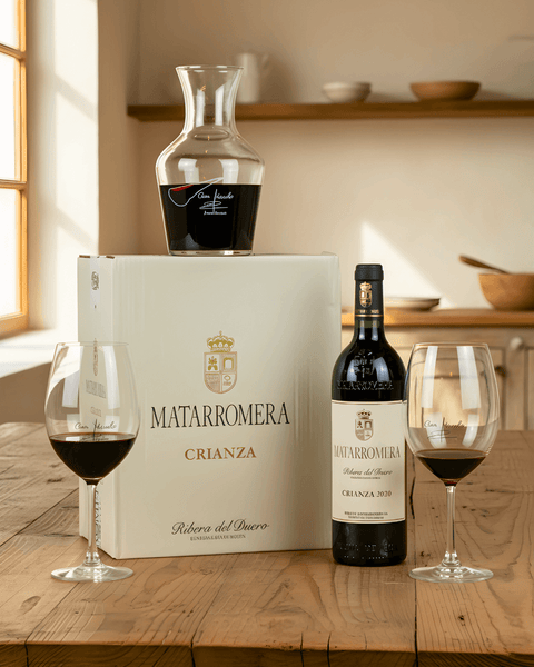 Matarromera Wine Box with decanter and glasses showcasing Ribera del Duero wines, embracing the Matarromera legacy.