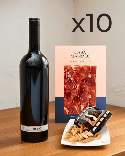 Bellota Iberico Ham Pack with wine bottle and snacks, ideal for a Spanish flavors fiesta, x10 pack.