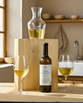 Casa Manolo Wine Box with decanter and glasses, showcasing premium Spanish white wine.