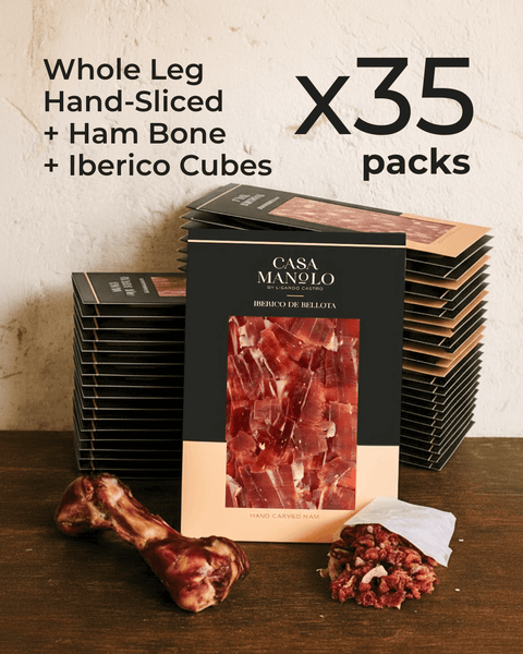 Iberico Bellota Master Hand-Sliced Whole Leg set with bone and cubes, 35 packs of premium ham.