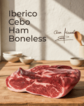 Iberico Cebo Ham — Boneless displayed on a wooden surface with a light background.
