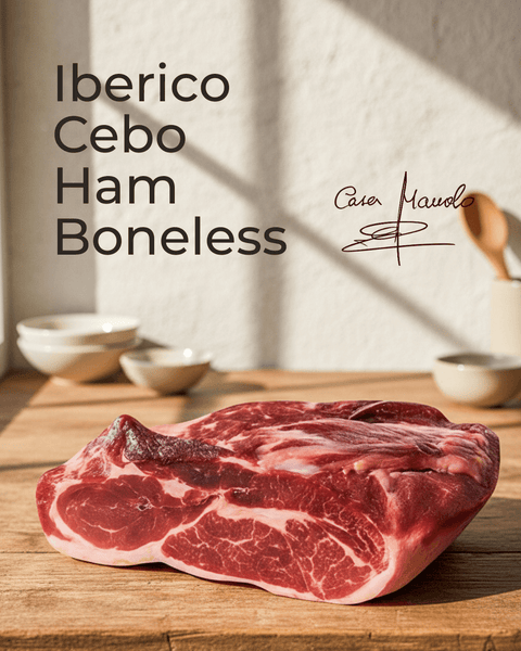 Iberico Cebo Ham — Boneless displayed on a wooden surface with a light background.