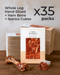 Iberico Cebo Master Hand-Sliced Whole Leg Set featuring 35 packs with whole leg, ham bone, and Iberico cubes.