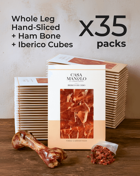 Iberico Cebo Master Hand-Sliced Whole Leg Set featuring 35 packs with whole leg, ham bone, and Iberico cubes.