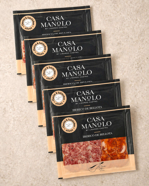 Iberico Bellota Chorizo & Salchichon Slices - 5 Pack from Casa Manolo, premium Spanish food gift set for hosting or gifting