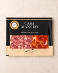 Iberico Bellota Chorizo & Salchichon Slices 100g from Casa Manolo, Spanish charcuterie ready for tapas boards and sharing