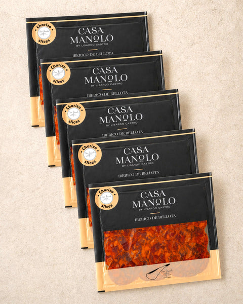 Iberico Bellota Chorizo Slices - 5 Pack from Casa Manolo, premium Spanish food gift set for hosting or gifting