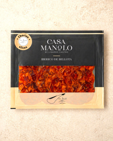 Iberico Bellota Chorizo Slices 100g from Casa Manolo, Spanish charcuterie ready for tapas boards and sharing