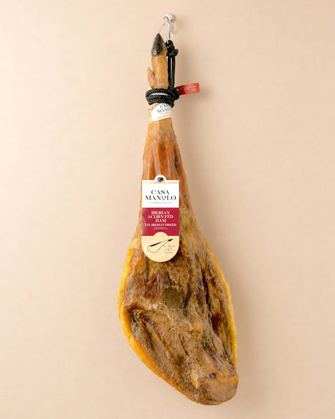 Iberico Bellota Ham from Casa Manolo, premium Spanish cured ham prepared for easy serving