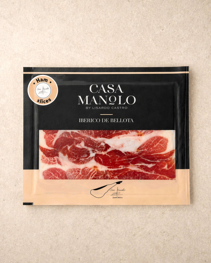 Iberico Bellota Ham 100g from Casa Manolo, premium Spanish cured ham prepared for easy serving
