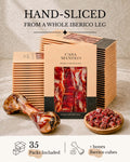 Iberico Bellota Master Hand Sliced Whole Leg Set - 35 Packs, Bone & Cubes from Casa Manolo, premium Spanish food gift set for hosting or gifting