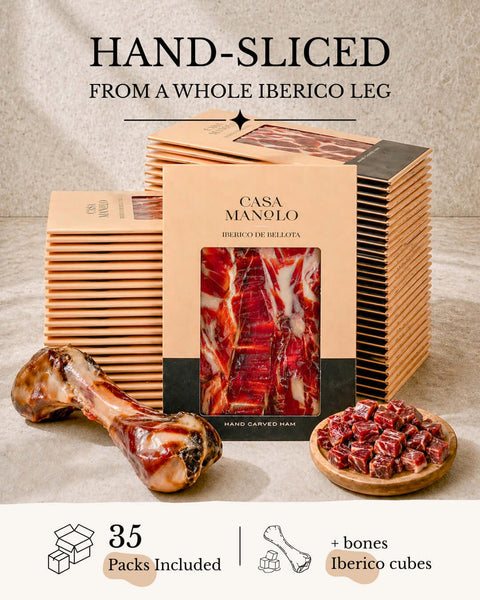 Iberico Bellota Master Hand Sliced Whole Leg Set - 35 Packs, Bone & Cubes from Casa Manolo, premium Spanish food gift set for hosting or gifting
