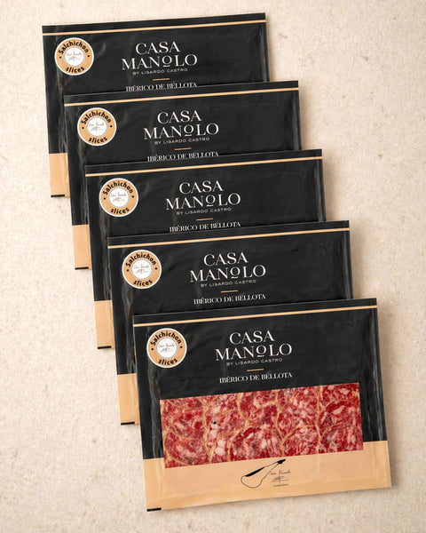 Iberico Bellota Salchichon Slices - 5 Pack from Casa Manolo, premium Spanish food gift set for hosting or gifting