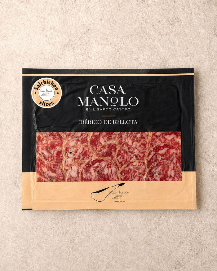 Iberico Bellota Salchichon Slices 100g from Casa Manolo, Spanish charcuterie ready for tapas boards and sharing