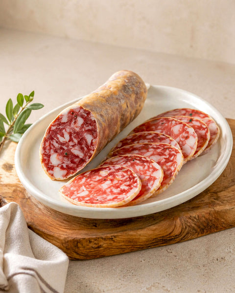 Iberico Bellota Salchichon Whole 325g from Casa Manolo, Spanish charcuterie ready for tapas boards and sharing