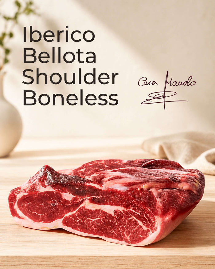 Iberico Bellota Shoulder - Boneless from Casa Manolo, premium Spanish cured ham prepared for easy serving