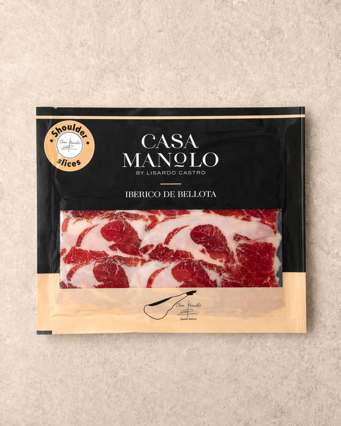 Iberico Bellota Shoulder 100g from Casa Manolo, premium Spanish cured ham prepared for easy serving