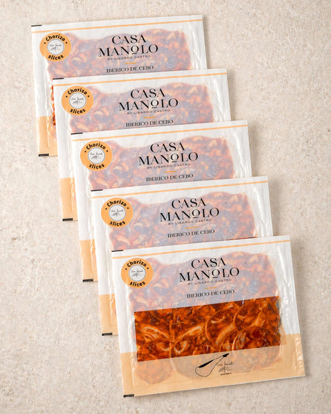 Iberico Cebo Chorizo Slices - 5 Pack from Casa Manolo, premium Spanish food gift set for hosting or gifting