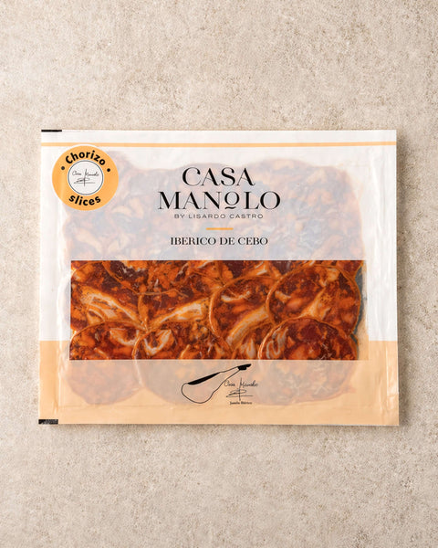 Iberico Cebo Chorizo Slices 100g from Casa Manolo, Spanish charcuterie ready for tapas boards and sharing
