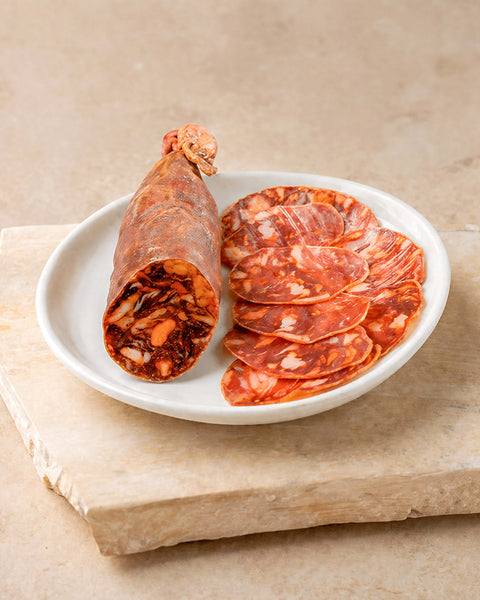 Iberico Cebo Chorizo Whole 325g from Casa Manolo, Spanish charcuterie ready for tapas boards and sharing