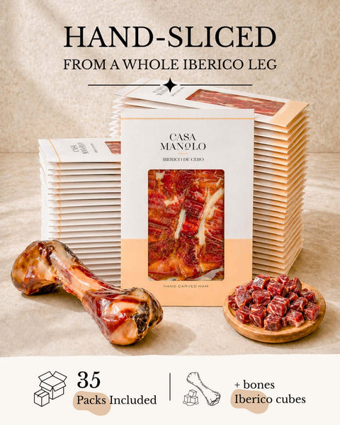 Iberico Cebo Master Hand Sliced Whole Leg Set - 35 Packs, Bone & Cubes from Casa Manolo, premium Spanish food gift set for hosting or gifting