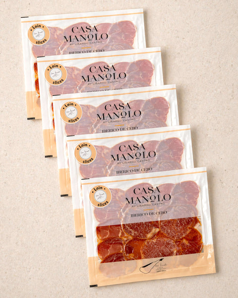 Iberico Cebo Pork Loin Slices - 5 Pack from Casa Manolo, premium Spanish food gift set for hosting or gifting