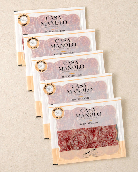 Iberico Cebo Salchichon Slices - 5 Pack from Casa Manolo, premium Spanish food gift set for hosting or gifting