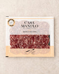 Iberico Cebo Salchichon Slices 100g from Casa Manolo, Spanish charcuterie ready for tapas boards and sharing