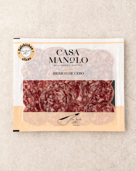 Iberico Cebo Salchichon Slices 100g from Casa Manolo, Spanish charcuterie ready for tapas boards and sharing