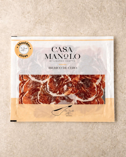 Iberico Cebo Shoulder 100g from Casa Manolo, premium Spanish cured ham prepared for easy serving