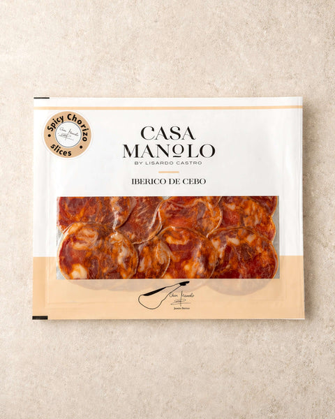 Iberico Spicy Chorizo Slices 100g from Casa Manolo, Spanish charcuterie ready for tapas boards and sharing
