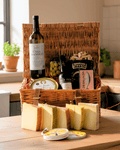 Artisan Manchego Cheese Tasting Hamper featuring cheeses, Casa Manolo wine, and Spanish deli delicacies.