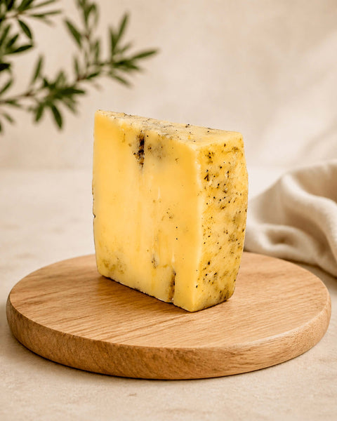 Manchego With Black Truffle Cheese Wedge from Casa Manolo, aged Spanish cheese prepared for serving and gifting