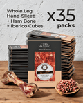 Pata Negra Master Hand-Sliced Whole Leg set with 35 packs featuring ham bone and Iberico cubes.