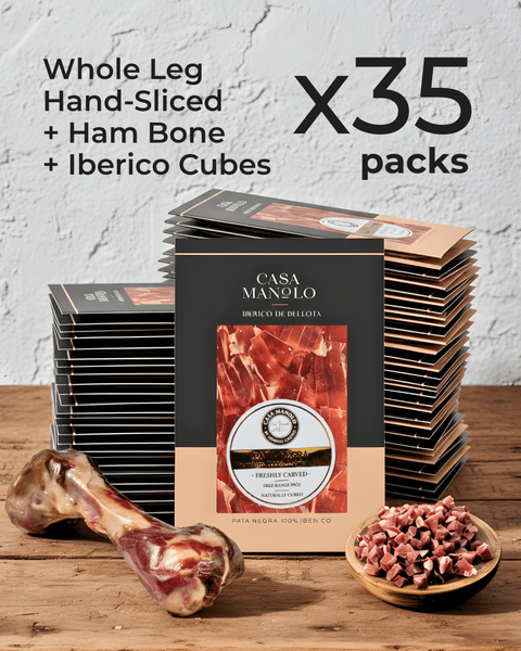 Pata Negra Master Hand-Sliced Whole Leg set with 35 packs featuring ham bone and Iberico cubes.