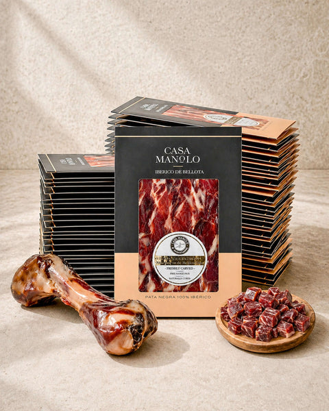 Pata Negra Master Hand Sliced Whole Leg Set - 35 Packs, Bone & Cubes from Casa Manolo, premium Spanish food gift set for hosting or gifting