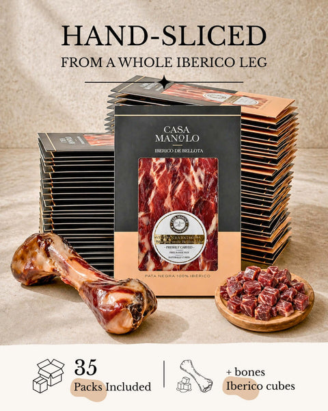 Pata Negra Master Hand Sliced Whole Leg Set - 35 Packs, Bone & Cubes from Casa Manolo, premium Spanish food gift set for hosting or gifting