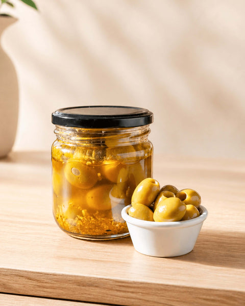 Pitted Queen Olives in Paprika & Garlic from Casa Manolo, Spanish deli product for tapas boards or pairings
