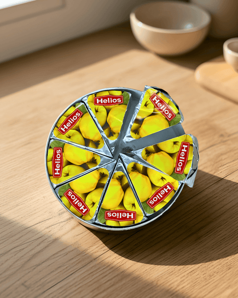 Quince Paste Membrillo from Helios, packaged round with slices revealing smooth, yellow quince preserve inside.